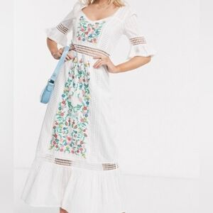 ASOS Women's White Embroidered Tiered Maxi Dress With Lace Inserts